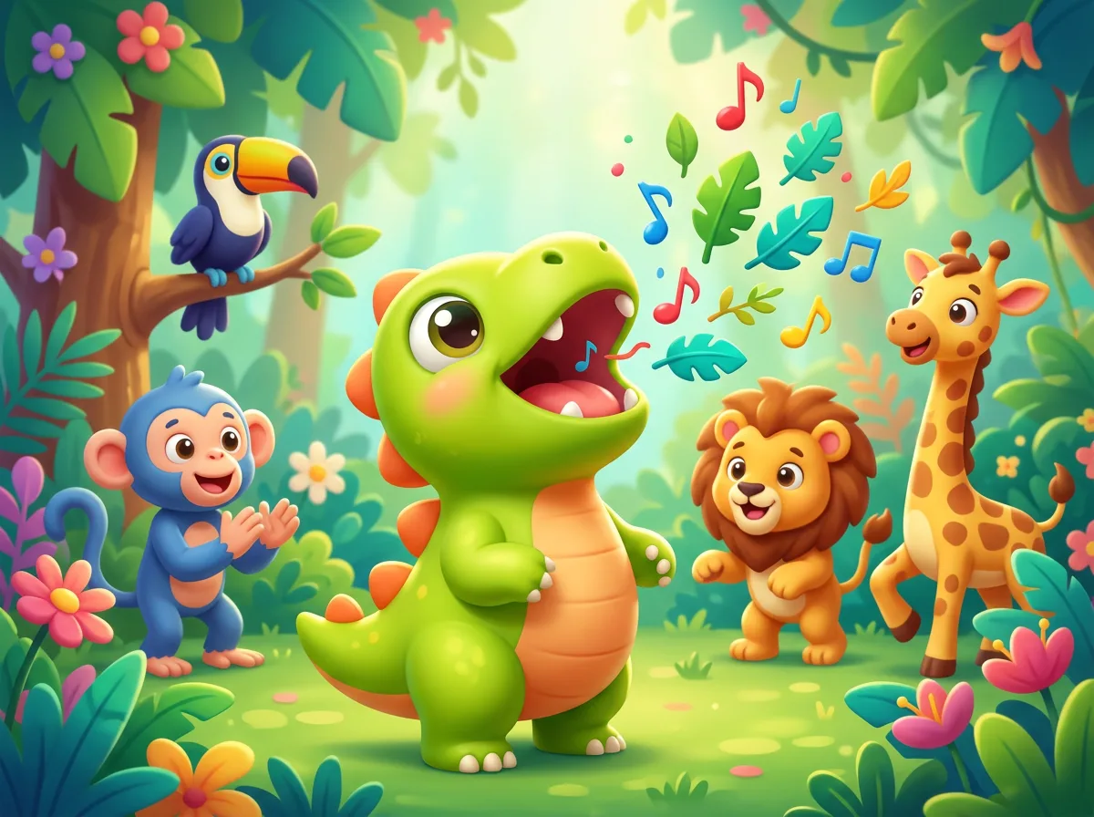 The baby dinosaur tips his head back for a tiny, silly roar while music notes blow out (generated illustration)