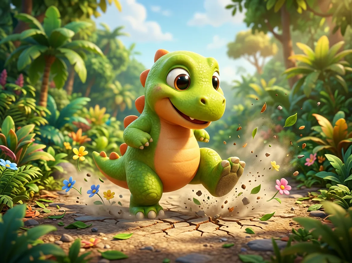 The baby dinosaur slams one foot down on a jungle path, dust and leaves flying (generated illustration)