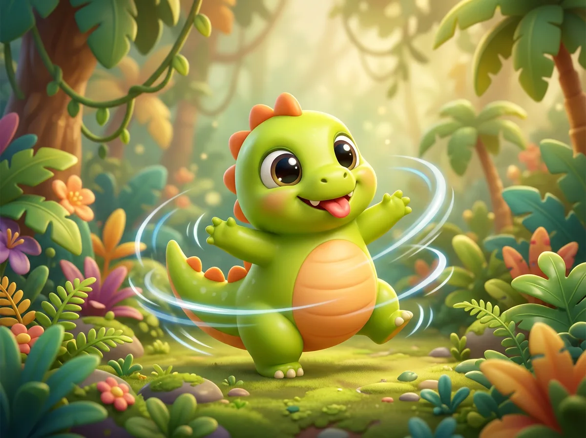 The baby dinosaur wiggles his whole body and tail with his tongue out (generated illustration)