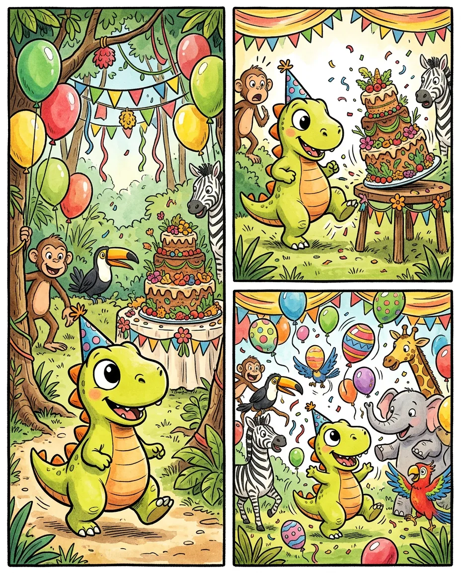 A three-panel comic: the baby dinosaur arrives at a jungle party, stomps and wobbles the cake, then dances among the animals (generated illustration)