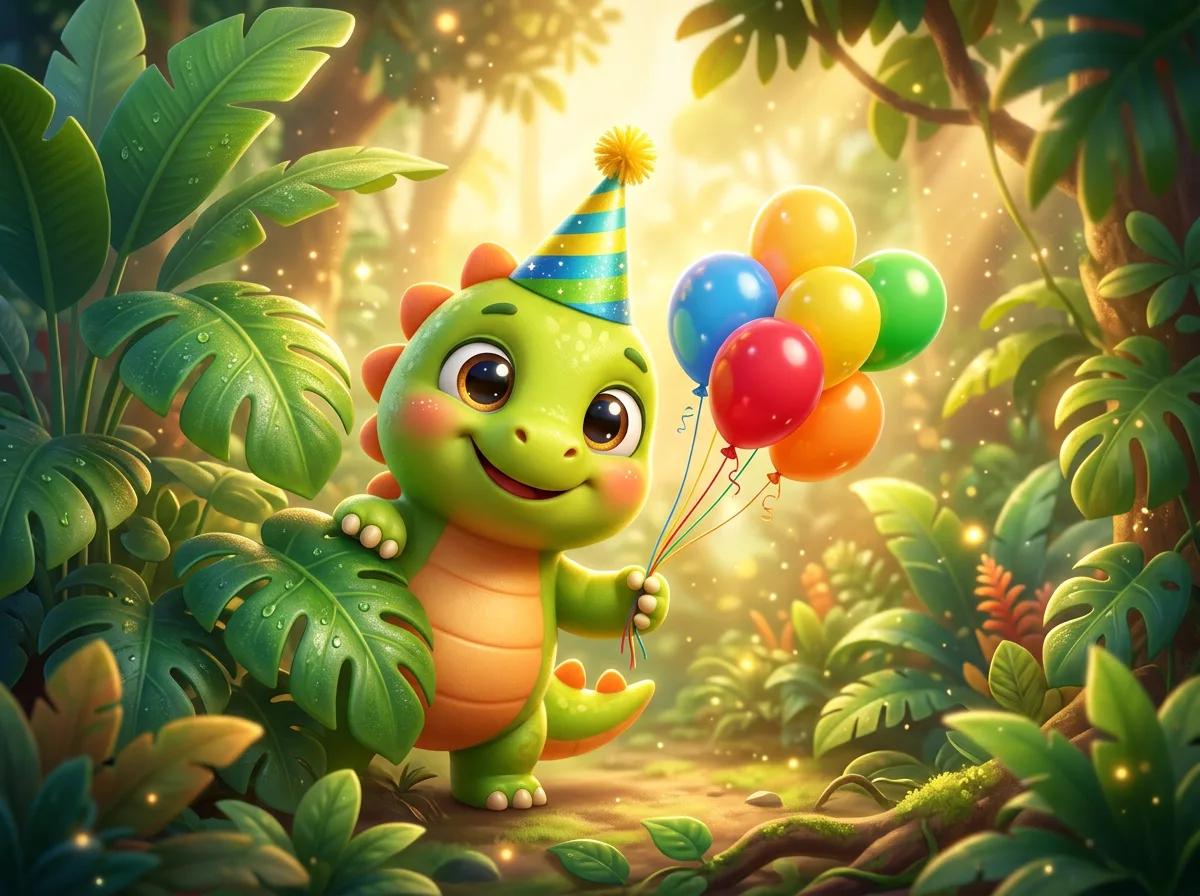 The baby dinosaur peeks from behind jungle leaves holding balloons (generated illustration)