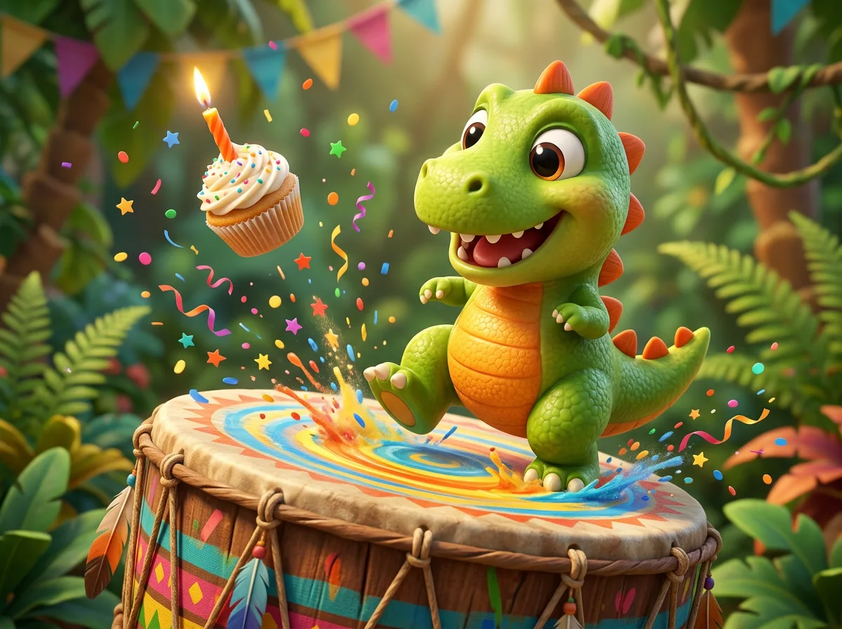 The baby dinosaur mid-stomp on a jungle drum, confetti and a cupcake flying (generated illustration)