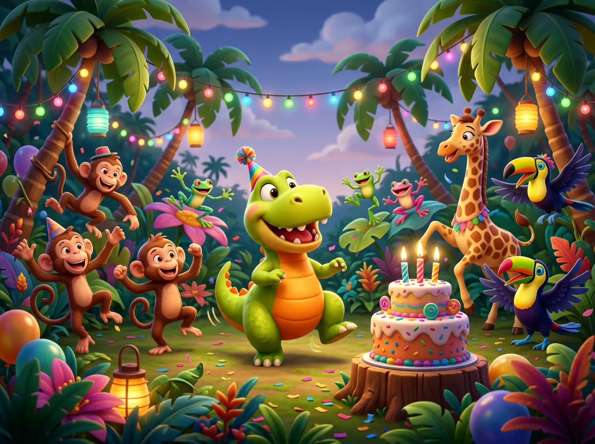 The baby dinosaur wiggles in the middle of a dancing jungle party with a cake (generated illustration)
