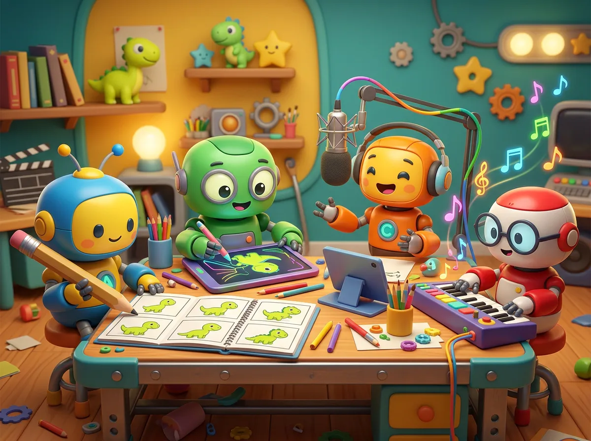 Four little robots at a workbench writing, drawing, voicing and scoring a cartoon (generated illustration)