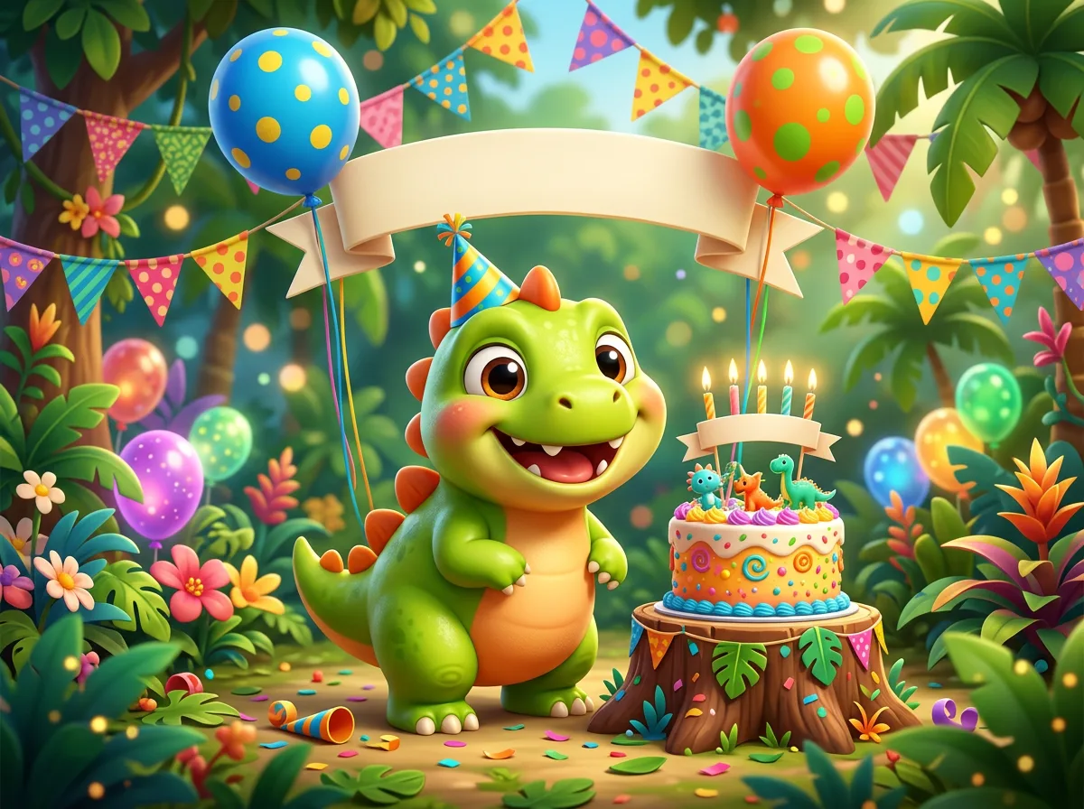 The baby dinosaur in a party hat beside a birthday cake with an empty banner, waiting for a name (generated illustration)