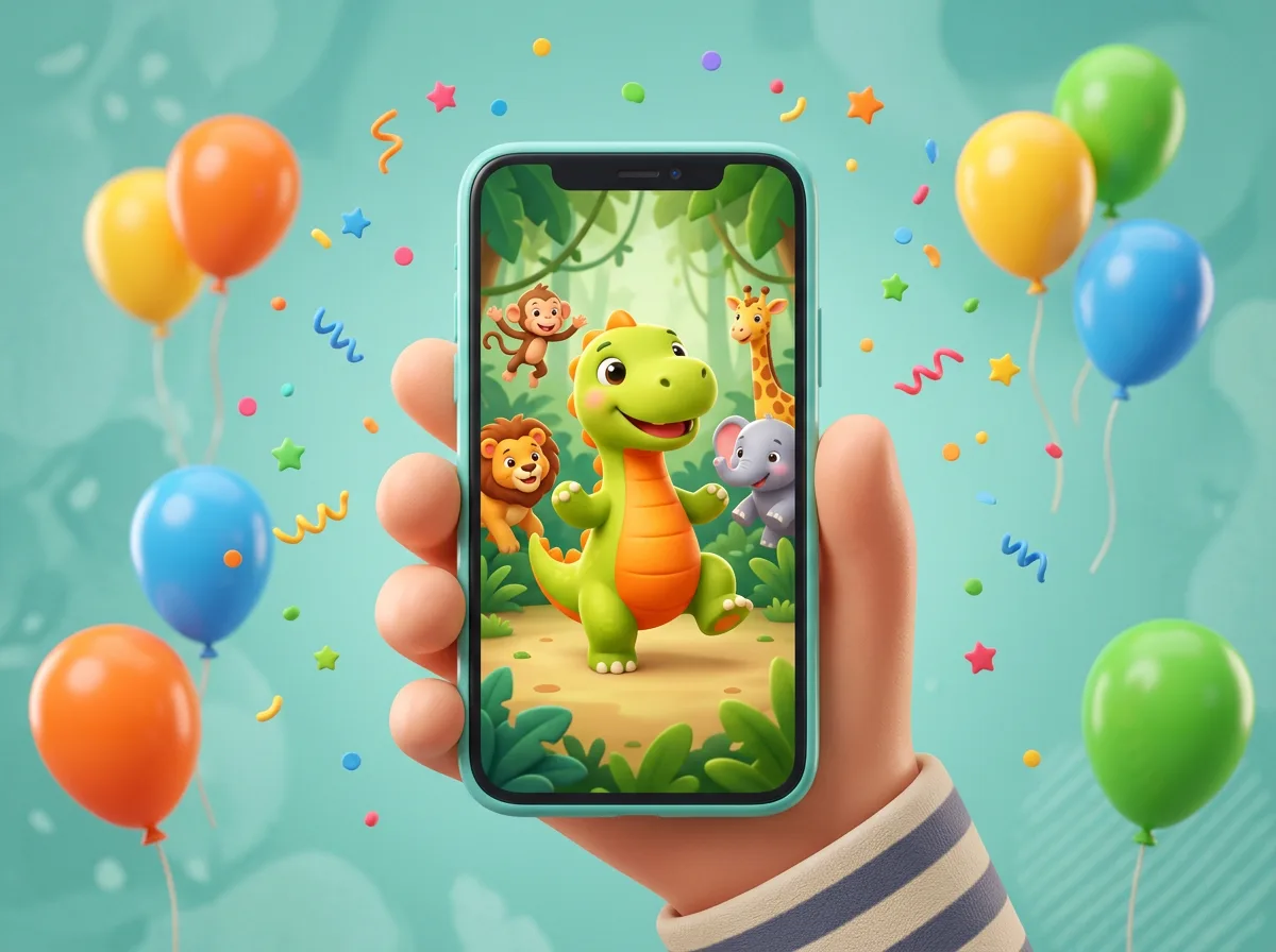 A hand holds a phone playing a vertical cartoon of the baby dinosaur dancing (generated illustration)