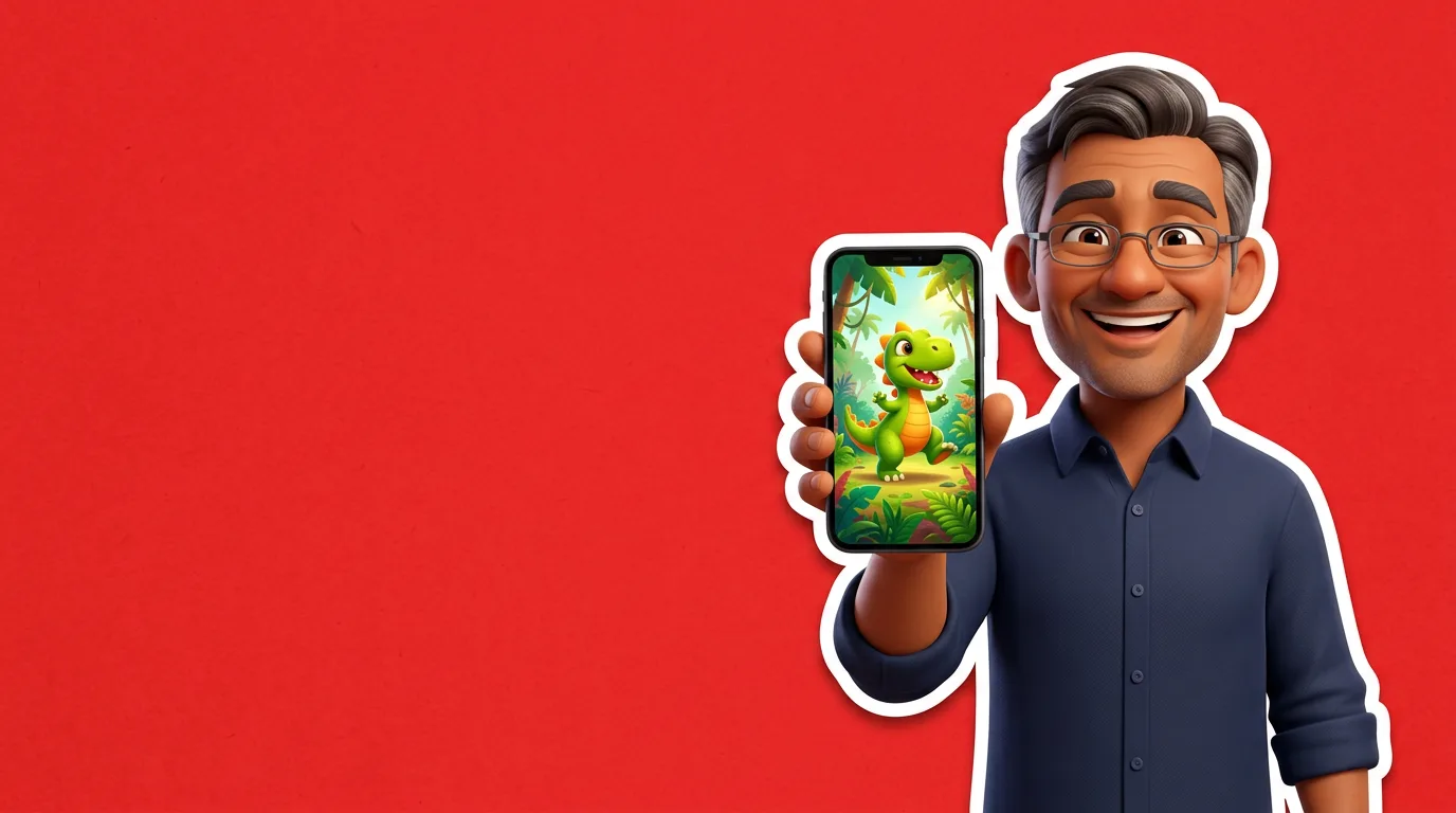 A smiling grown-up in a navy shirt holds up a phone showing the baby dinosaur dancing in the jungle (generated illustration)